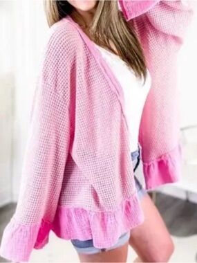 POL Pink Waffle Boho Open Cardigan Jacket Sz M (runs large - oversized fit)